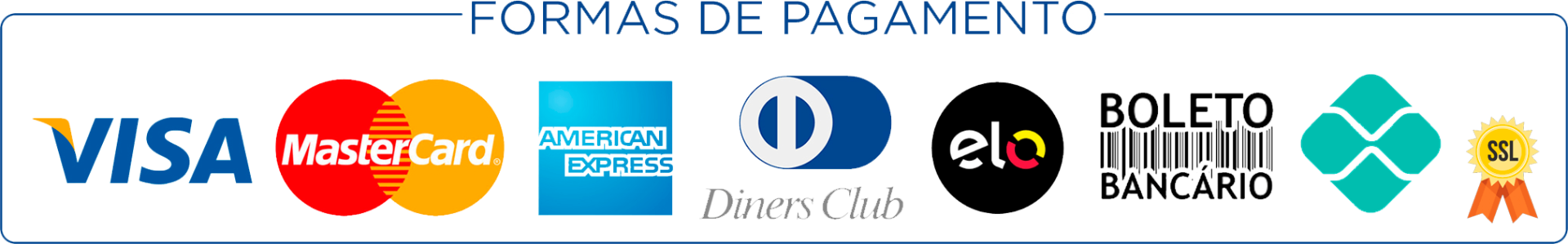 Formas de pagamento: Visa, Mastercard, American Express, Diners Club, Elo, boleto e Pix